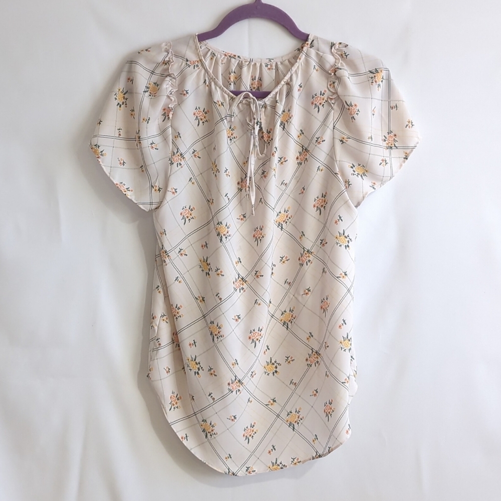 LC Lauren Conrad Cream w Yellow & Pink Floral Lightweight Top Keyhole Back Sze M - Picture 2 of 9